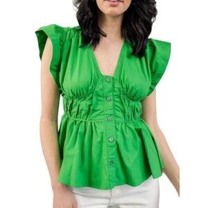 Olivaceous Women's S Green Peplum Blouse Short Flutter Sleeve Casual